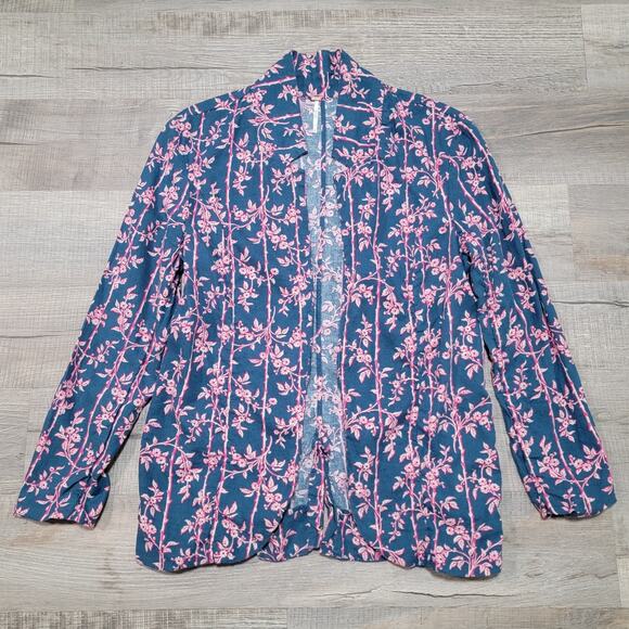 Free People Linen Blend Floral Open Front Blazer Jacket Size Medium Pink Boho - Picture 1 of 7